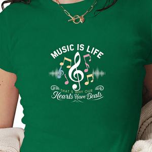 T-shirt court pour femme MUSIC IS LIFE, coupe ajustée, style Y2K, col rond, imprimé par transfert thermique, tissu tricoté en spandex/polyester - Product Image 1