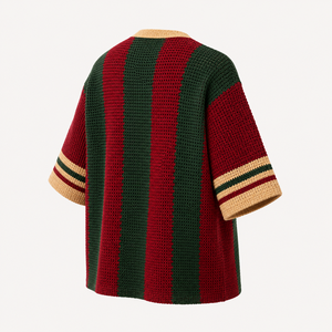 Pull en jersey tricoté au crochet personnalisé pour femme, col en V, rayé, manches courtes, coupe oversize, avec nom et numéro de pays - Product Image 6