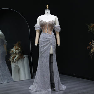 Abito da Sera di Lusso a Sirena Argentato con Cristalli Stile Dubai con Maniche e Spacco Abito da Cerimonia Arabo da Donna LSZ426 - Product Image 3