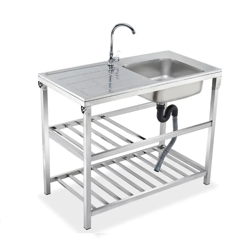 Özelleştirilmiş yüksek kaliteli çift Undershelf masa paslanmaz çelik tek kase açık mutfak taşınabilir el yıkama lavabosu