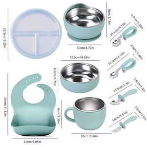 Juego de vajilla para alimentación de niños, platos de acero inoxidable 304, cuencos, tazas, babero de silicona, tenedor, cuchara para bebés de 0 a 12 meses - Product Image 5