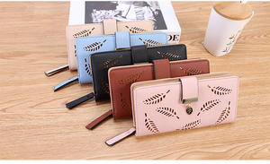 New Listing Women Long PU Leather <b>Wallets</b> Bifold Hollowed-out Leaf Design Money <b>Wallets</b> Candy Color NA125 - Product Image 3