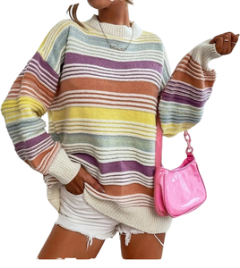 Pull en tricot rayé multicolore de style coréen pour femme, col rond oversize, vente en gros OEM - Product Image 1