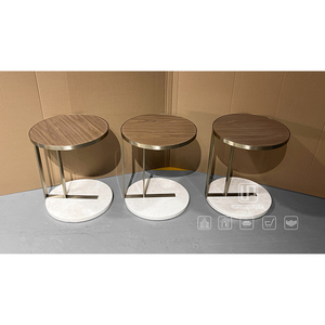 Table basse ronde de style moderne et luxueux, structure en métal doré, plateau en bois brun, base en marbre, table basse pour salon - Product Image 5