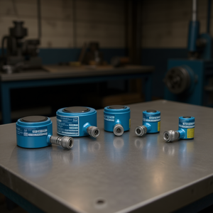 Vérins hydrauliques à simple effet Ttake, ligne compacte, corps bleu avec raccords métalliques pour usage industriel - Product Image 3