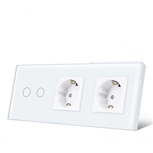 EU Standard  Zigbee 2 Gang Smart Touch Switch  No Neutral Line with Normal Double Power Socket 228MM