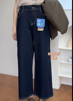 Jean décontracté taille haute élastique en denim bleu foncé pour femme grande taille, coupe large, délavage écologique, longueur cheville