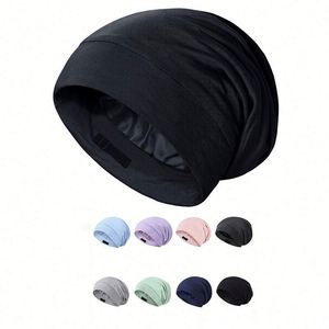 Gorros de satén de doble capa con forro de seda, ajustables, con borde flexible y cierre elástico para mujeres negras, gorro de dormir reversible para el cuidado del cabello. - Product Image 1