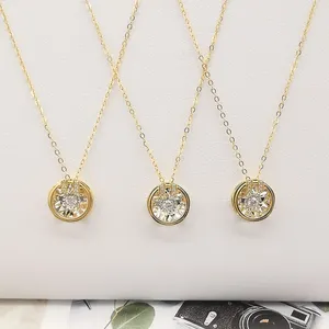 Solid Gold Real Diamonds Round Shape Charm Necklace Women Jewelry New Design For 18K Pure Pendant Necklaces Link Chain 1 Pcs