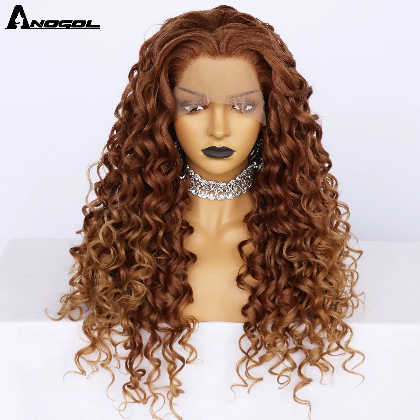 Anogol Wholesale Synthetic Wigs Front Lace 13*2.5 Long Afro Kinky Curly Dark Brown Heat Resistant Hair Wigs