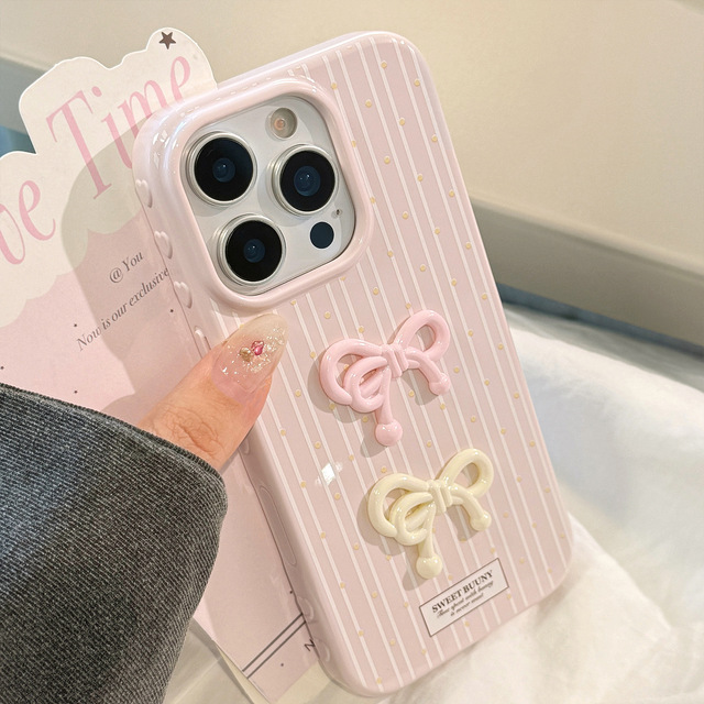 New Cartoon Sweet 3D Pink Yellow Bow Phone Case for iphone 17 16 15 14 Pro Max White Striped Polka Dots Large Holes Cover