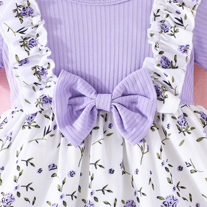 Robe à manches volantées avec nœud pour petites filles, ensemble deux pièces à motif floral mignon et patchwork, avec foulard, vêtements décontractés pour bébé fille - Product Image 5