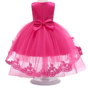 西式粉色花朵女孩婚纱长尾儿童女孩派对礼服薄纱儿童生日礼服6岁