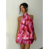 Robe Courte Imprimée à Col Halter en Maille, Vente en Gros, Logo Personnalisé, Coupe Ample Plissée, Direct Usine