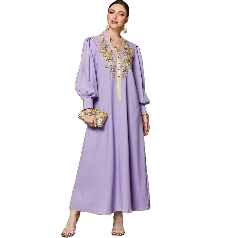 Nuovo design in chiffon diamanti omani modesto burqa istanbul viola islamico abaya disegna abito musulmano da donna