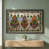 Peinture traditionnelle artisanale Pattachitra, œuvre d'art rectangulaire en bois représentant la Yatra de Jagannath, pour suspension intérieure dans le salon