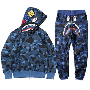 High quality shark head hoodie set chenille patches embroidery camo 100% cotton full face zip shark hoodies and sweat pants set