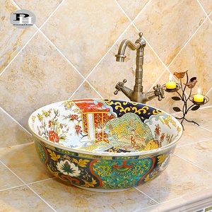 Jingdezhen-lavabo redondo de cerámica colorido para baño, lavamanos pintado chino, color verde - Product Image 3