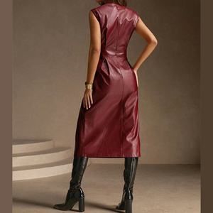 Robe Midi Femme Élégante et Sexy en PU Bordeaux Métallisé, Col Rond, Sans Manches, Ceinturée, Qualité Supérieure, Tenue Décontractée - Product Image 2