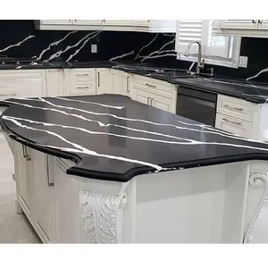 Vietnam Factory Sale Black Quartz Vanity Engineered Stone Counter Top Kitchen Island Countertop With Vein
