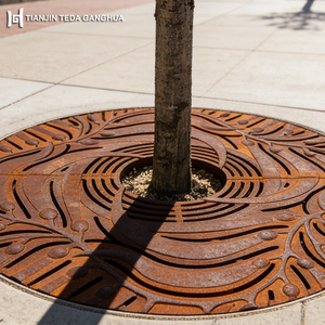 Grille de protection d'arbres en acier Corten sur mesure, ronde, en métal, pour jardin urbain, avec <span class=keywords><strong>patine</strong></span> de <span class=keywords><strong>rouille</strong></span>, OEM disponible - Product Image 5