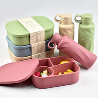 Boîtes de conservation alimentaire en silicone sans BPA, micro-ondables, boîte à lunch à quatre compartiments avec bouteille d'eau rayée de 600 ml