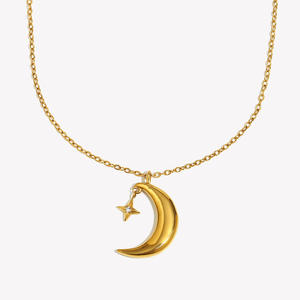 Collana con Ciondolo Minimalista a Forma di Stella e Luna in Acciaio Inossidabile Placcato Oro 18K con Charm in Zircone - Product Image 3