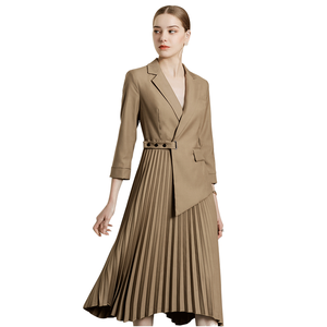 Elegante Vestido de Oficina para Mujer, Estilo Ejecutivo, Largo a Media Pantorrilla, Manga Regular, Plisado, Color Sólido, Cuello con Muescas, Botones, Tejido - Product Image 1