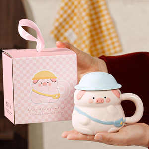 Zuo Mu Mignonne tasse en céramique en forme de cochon avec couvercle et poignée, peinte à la main, réutilisable, cadeau pour les couples, utilisation au bureau - Product Image 3