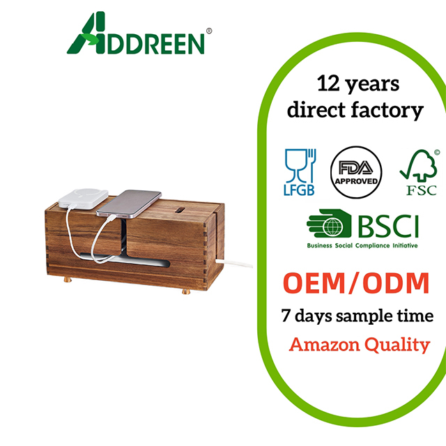 Addreen Modern Acacia Wood Cable Management Box 4 Metal Feet Desk/Floor/Under Desk Wire Concealer 12.2x5.3 Inches Storage Box