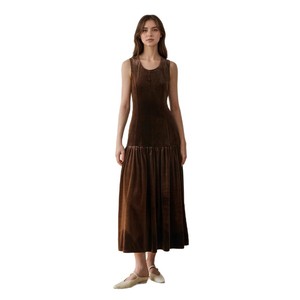 Vestido de <span class=keywords><strong>Terciopelo</strong></span> Elegante y Moderno para Mujer, Estilo Otoñal, Color Sólido, Falda Plisada, Sin Mangas, Corte Entallado - Product Image 5