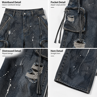 Jean ample déchiré délavé bleu en denim à taille basse pour homme, style américain, nouvelle tendance, coupe droite, effet encre, pantalon décontracté long