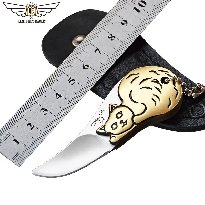 Cuchillo de hoja de acero inoxidable con mango de latón, minicuchillo de defensa personal, herramienta EDC D2