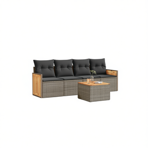 <b>Grey</b> Rattan Garden Sofa Set With Teak Wood <b>Frame</b> 4 Seater Outdoor Furniture Contemporary Design Weather Resistant - Product Image 1