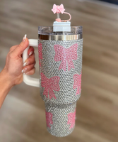 Bouteille d'eau personnalisée 40oz en acier inoxydable, gobelets isothermes sous vide avec strass et nœud, écologiques, avec poignée et paille