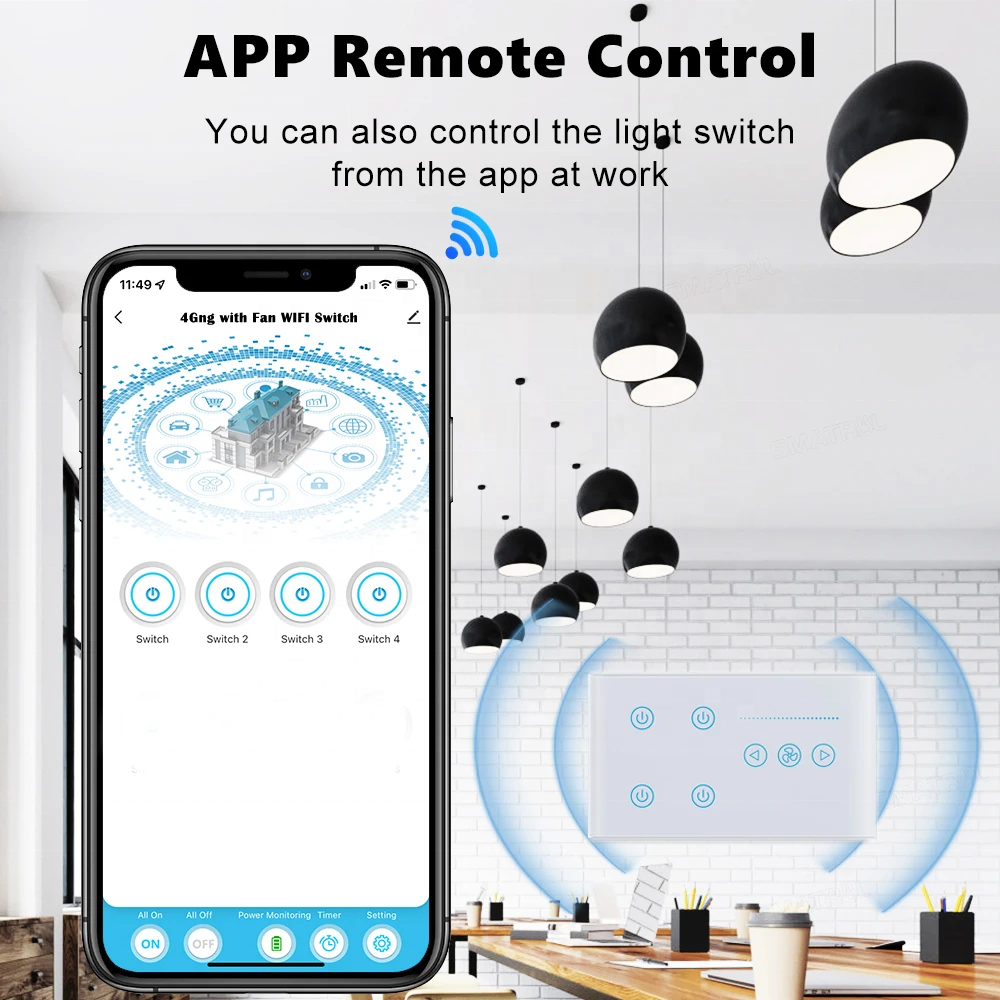 UEMON Electric Smart Home 4-Gang 1-Fan Light Touch Switch with Alexa & Tuya App Control WiFi for Garage Use · image 3