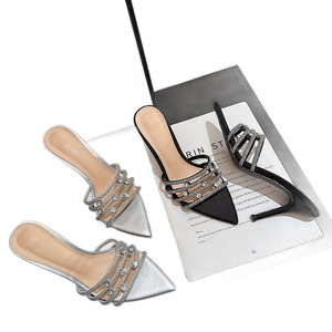 2026 New Rhinestone Silk Satin Slip-On High Heel Slippers Women's Thin Heel Pointed Toe Open Toe Rubber Outsole Wedding <b>Sandals</b> - Product Image 5