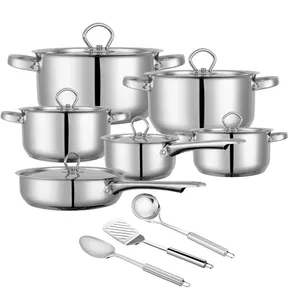 Casserole en acier inoxydable, couvercles métalliques, marmite géante, ensembles d'ustensiles de cuisine avec outils de cuisine en acier, 15 pièces