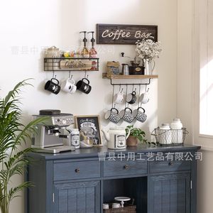 Solid Wood And Wrought Iron Wall Mounted Storage Rack With <b>Hooks</b> For Coffee Cups And Spices Kitchen Organizer - Product Image 3