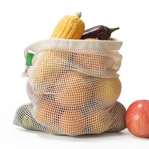 Eco-Friendly Drawstring Cotton Bag Bundle Pocket Fruit Mesh Bag In Stock Pure Cotton Mesh Bag