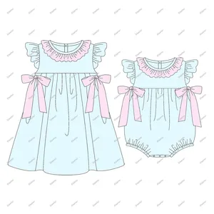 Robe d'été à manches flottantes pour enfants, pour petites filles, pour soeurs, vêtements assortis, avec nœud en coton, pour petites filles