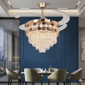Ventilateur de plafond LED doré avec lustre en cristal, pales rétractables, télécommande, moteur silencieux, décoration de luxe pour la maison - Product Image 4