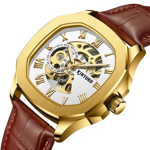 Montre mécanique automatique pour homme KINYUED, boîtier doré, bracelet en cuir, cadran squelette ajouré, double fuseau horaire, luxe, mode, vente en gros - Product Image 2