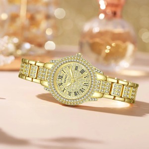 Montre à quartz de luxe pour femme, or rose, cadran serti de diamants, chiffres romains, étanche, élégante, avec aiguilles lumineuses - Product Image 5