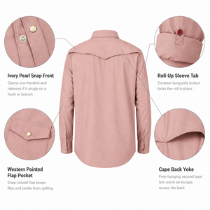 Chemise de pêche à séchage rapide Western à manches longues avec revers enroulable, fente dorsale et boutons pression nacrés, idéale pour le travail en extérieur et le ranch, personnalisable avec logo - Product Image 5