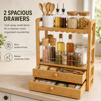 Étagère à épices en bambou moderne et écologique personnalisée à 4 niveaux, 2 tiroirs, robuste, en bois, multifonctionnelle, organisateur d'assaisonnements pour la cuisine