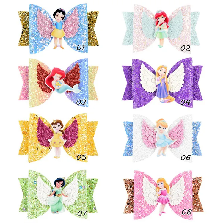 Girls Color Cartoon glitter Hair Accessories Bling baby hair bow with Fairy tales beauty princess cute hair clips