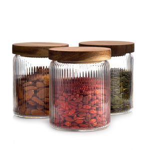 <span class=keywords><strong>Set</strong></span> Stoples Kaca Kedap Udara Bergaris 3 Buah Dengan Tutup Kayu Akasia Pasokan Lintas Negara untuk Penyimpanan Makanan Rumah Tangga - Product Image 1