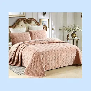 批发时尚绗缝图案粉色柔软手感被套豪华床上用品套装床单