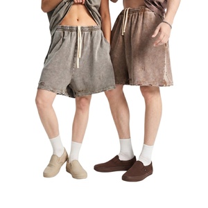 Pantalones cortos de algodón grueso de rizo con dobladillo deshilachado, estilo urbano, precio bajo, al por mayor, para hombre, vintage, lavados, de sudadera - Product Image 1